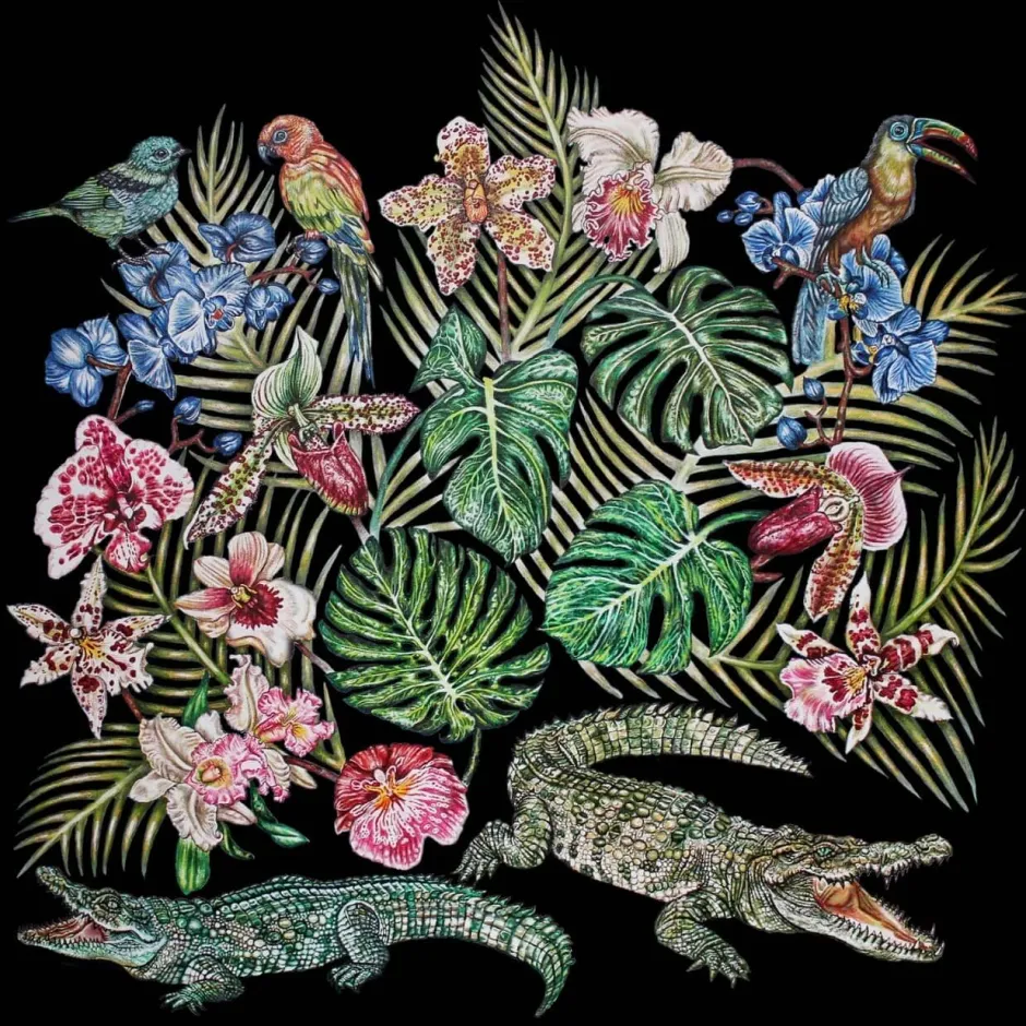 Outlet Foulard Lalique By Ginny Litscher Dessin Jungle Noir Bijoux|Foulards Lalique