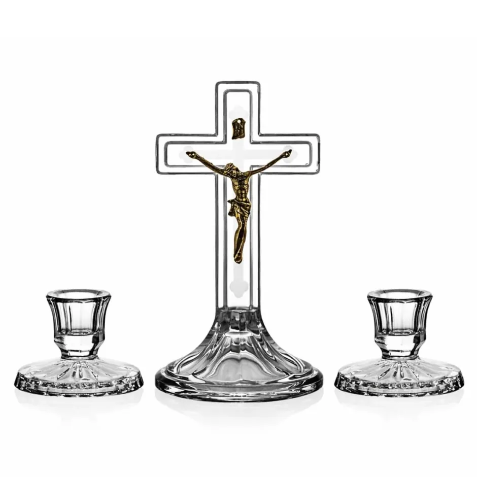 Online Set Crucifix + 2 bougeoirs cristal de Bohême Décoration|Symboles Religieux Cristal