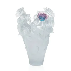 New Vase magnum rose passion blanc fleur verte & rose daum Vases|Vases Cristal Clair